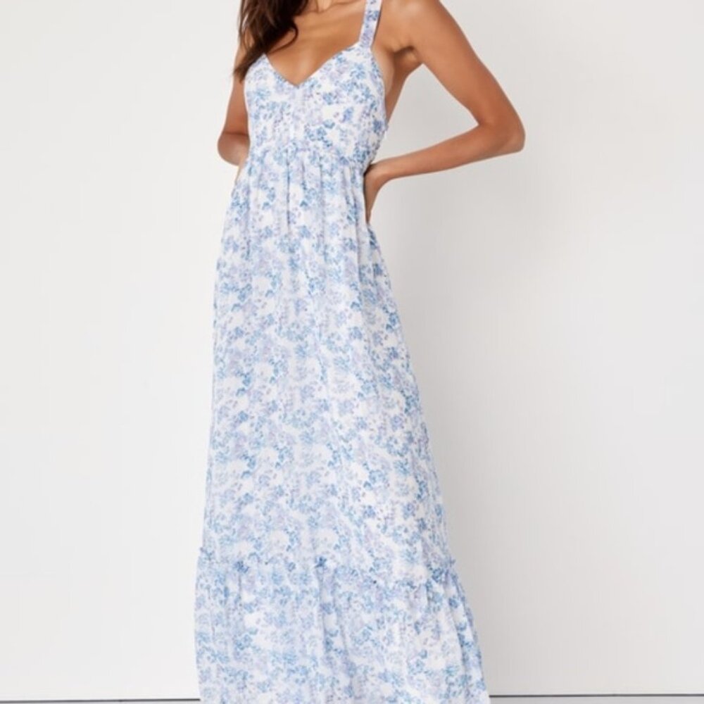 Lulus My Love Story White Floral Print Tie-back Maxi Dress Blue - Size S